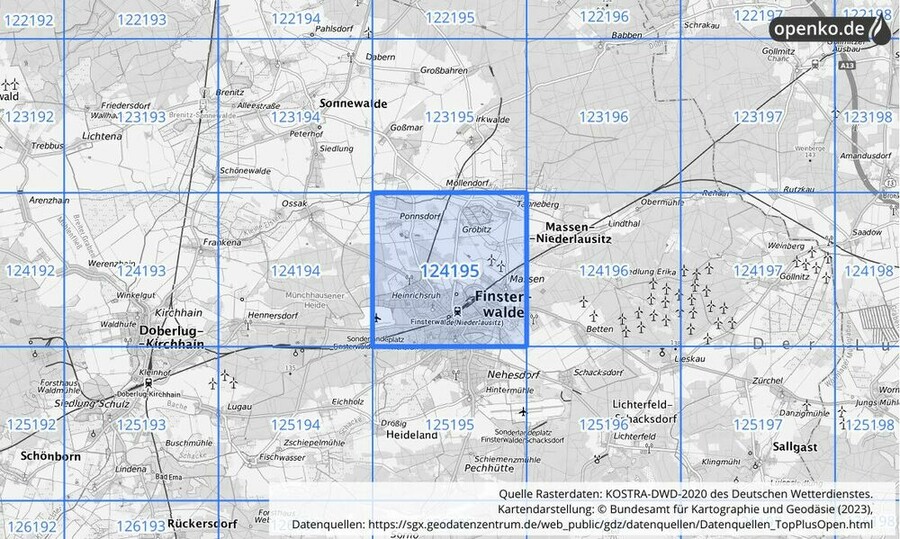 Übersichtskarte des KOSTRA-DWD-2020-Rasterfeldes Nr. 124195