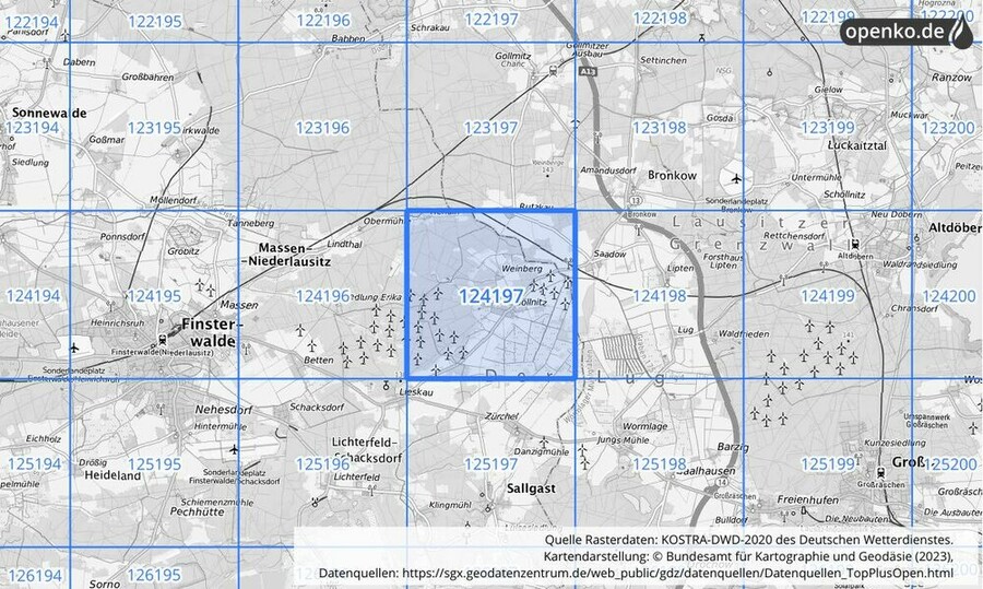 Übersichtskarte des KOSTRA-DWD-2020-Rasterfeldes Nr. 124197