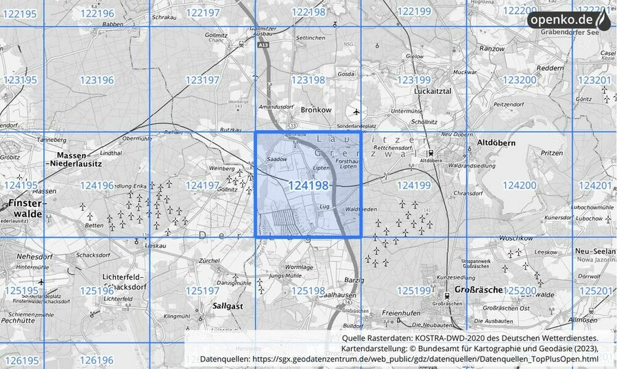 Übersichtskarte des KOSTRA-DWD-2020-Rasterfeldes Nr. 124198