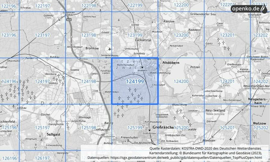 Übersichtskarte des KOSTRA-DWD-2020-Rasterfeldes Nr. 124199