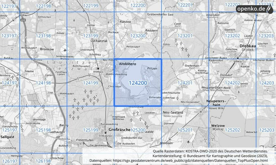 Übersichtskarte des KOSTRA-DWD-2020-Rasterfeldes Nr. 124200