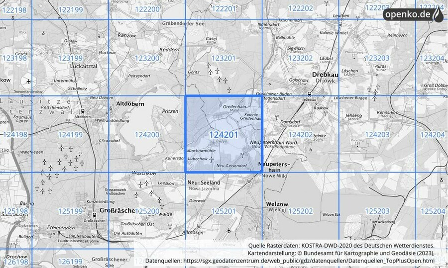 Übersichtskarte des KOSTRA-DWD-2020-Rasterfeldes Nr. 124201