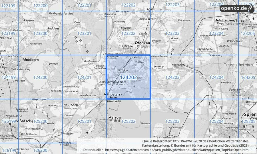 Übersichtskarte des KOSTRA-DWD-2020-Rasterfeldes Nr. 124202