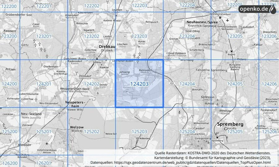 Übersichtskarte des KOSTRA-DWD-2020-Rasterfeldes Nr. 124203