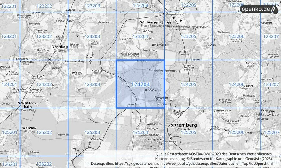 Übersichtskarte des KOSTRA-DWD-2020-Rasterfeldes Nr. 124204