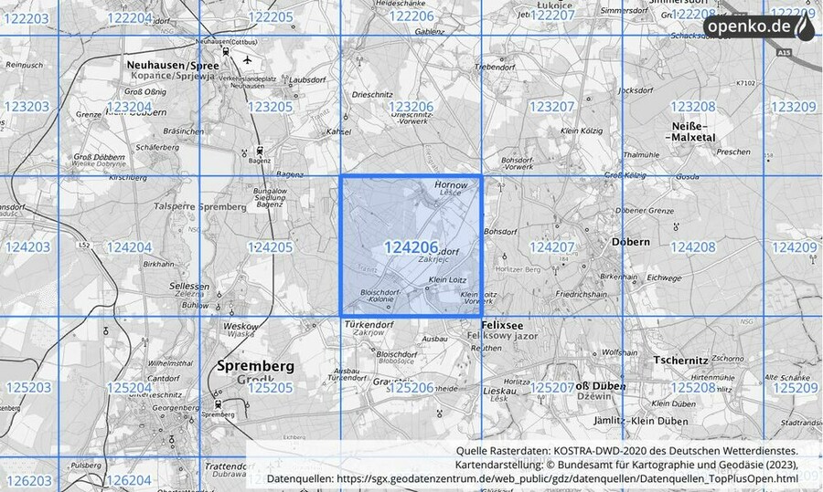 Übersichtskarte des KOSTRA-DWD-2020-Rasterfeldes Nr. 124206