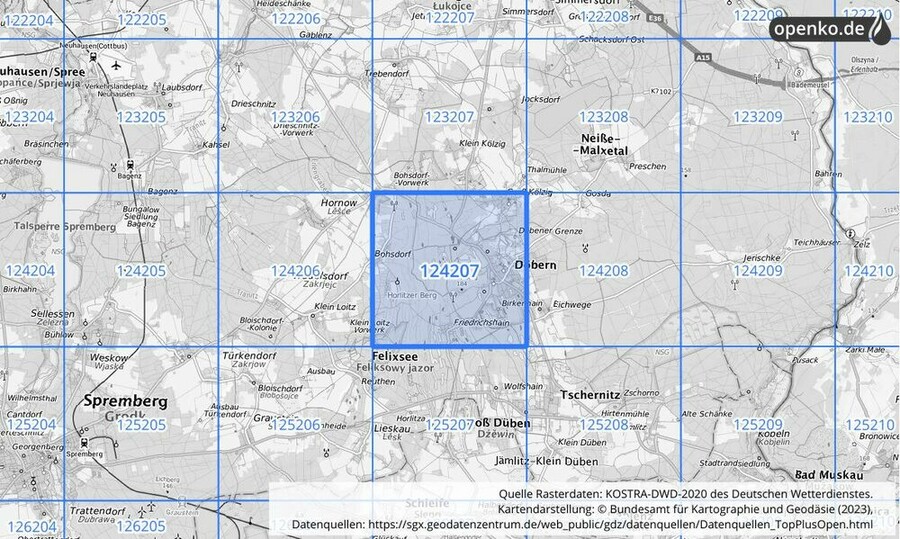 Übersichtskarte des KOSTRA-DWD-2020-Rasterfeldes Nr. 124207