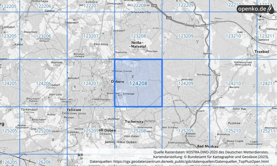 Übersichtskarte des KOSTRA-DWD-2020-Rasterfeldes Nr. 124208