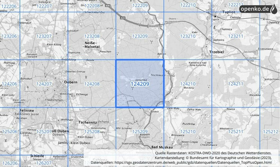 Übersichtskarte des KOSTRA-DWD-2020-Rasterfeldes Nr. 124209