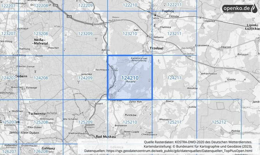 Übersichtskarte des KOSTRA-DWD-2020-Rasterfeldes Nr. 124210