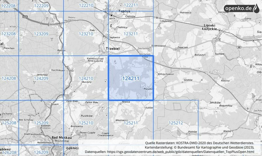 Übersichtskarte des KOSTRA-DWD-2020-Rasterfeldes Nr. 124211