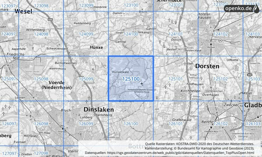 Übersichtskarte des KOSTRA-DWD-2020-Rasterfeldes Nr. 125100