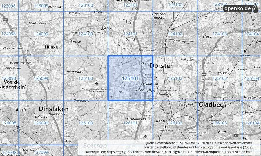 Übersichtskarte des KOSTRA-DWD-2020-Rasterfeldes Nr. 125101