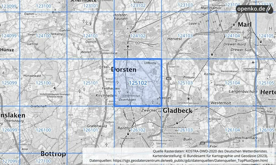 Übersichtskarte des KOSTRA-DWD-2020-Rasterfeldes Nr. 125102