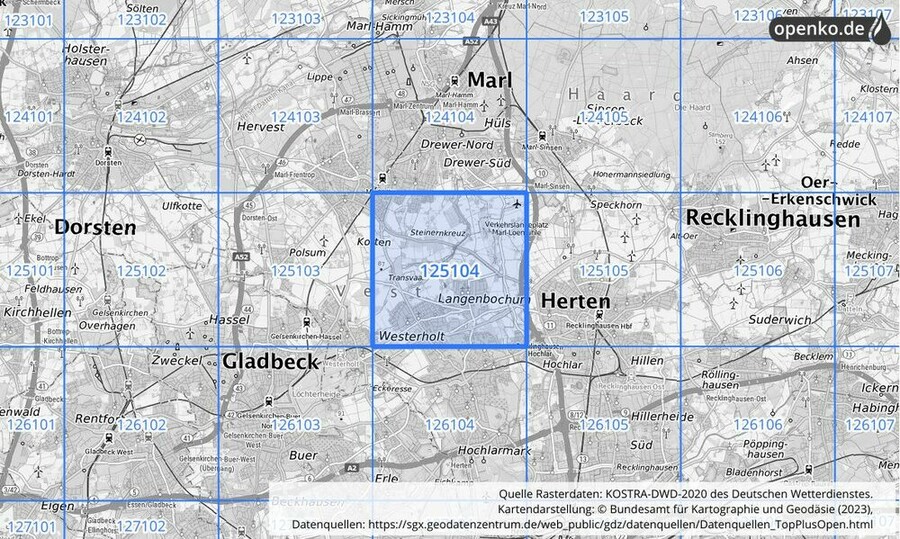 Übersichtskarte des KOSTRA-DWD-2020-Rasterfeldes Nr. 125104