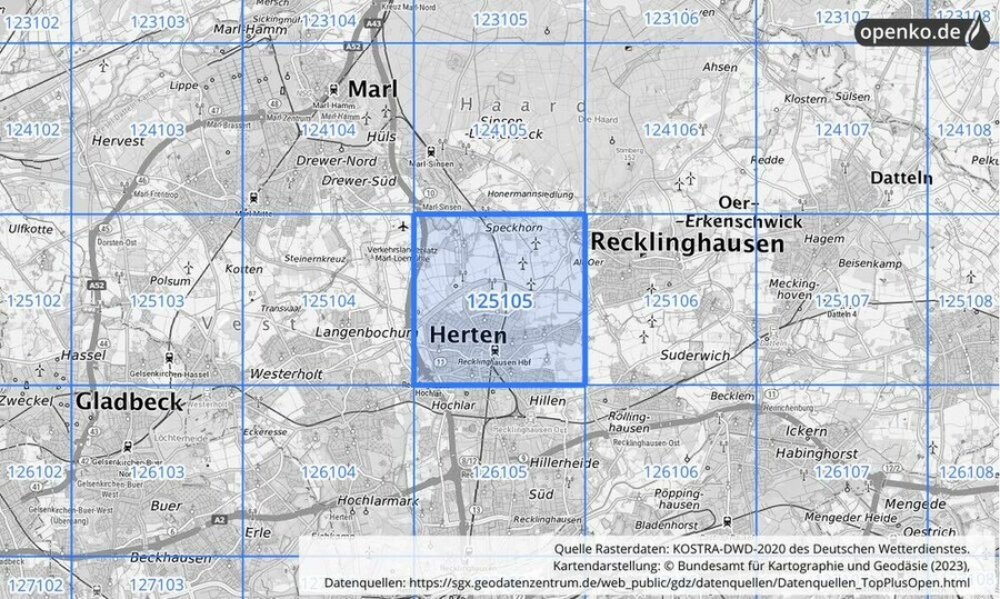 Übersichtskarte des KOSTRA-DWD-2020-Rasterfeldes Nr. 125105