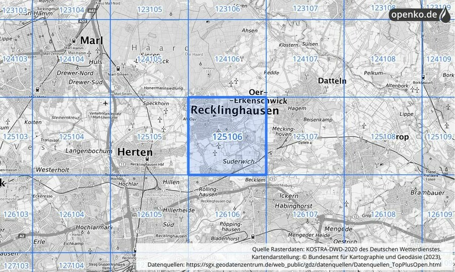 Übersichtskarte des KOSTRA-DWD-2020-Rasterfeldes Nr. 125106