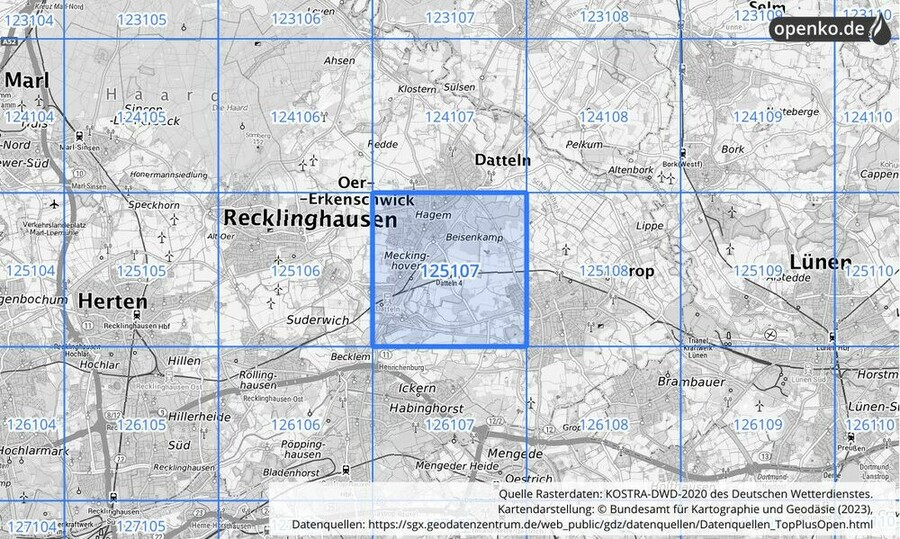 Übersichtskarte des KOSTRA-DWD-2020-Rasterfeldes Nr. 125107