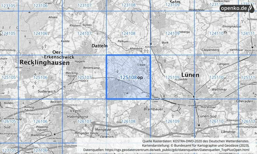 Übersichtskarte des KOSTRA-DWD-2020-Rasterfeldes Nr. 125108