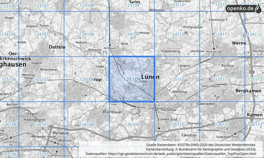 Übersichtskarte des KOSTRA-DWD-2020-Rasterfeldes Nr. 125109