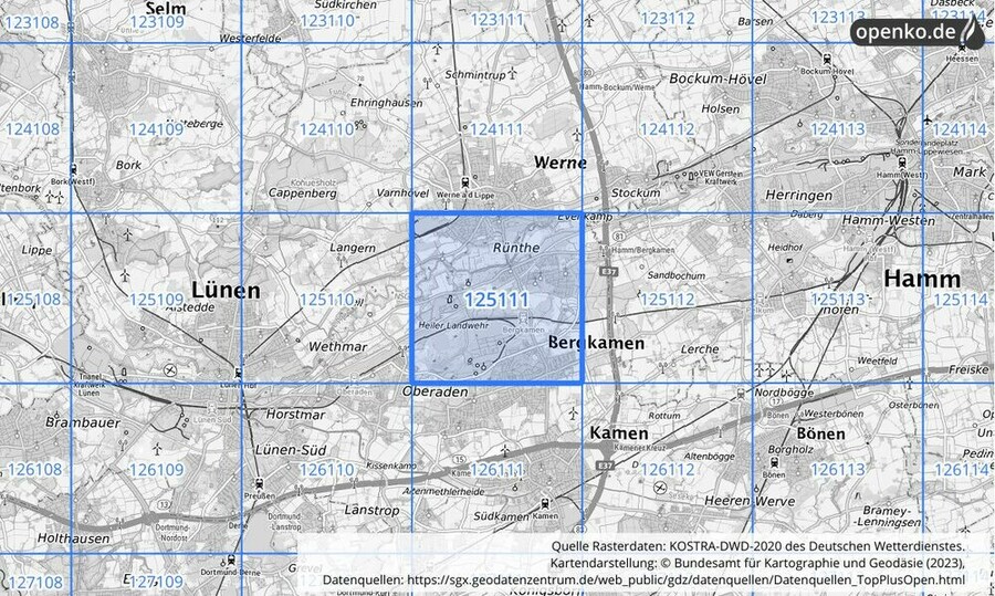 Übersichtskarte des KOSTRA-DWD-2020-Rasterfeldes Nr. 125111