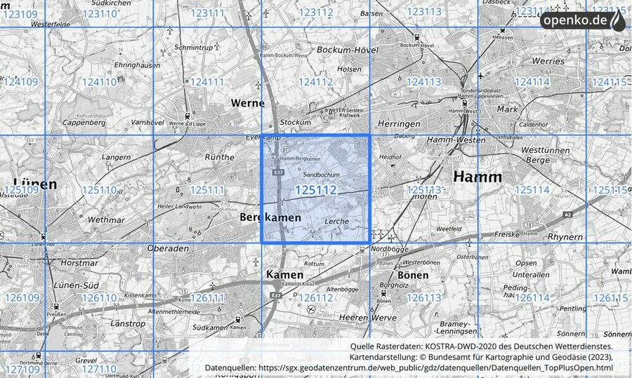 Übersichtskarte des KOSTRA-DWD-2020-Rasterfeldes Nr. 125112