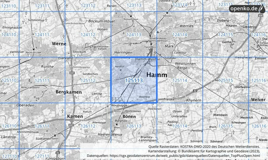 Übersichtskarte des KOSTRA-DWD-2020-Rasterfeldes Nr. 125113