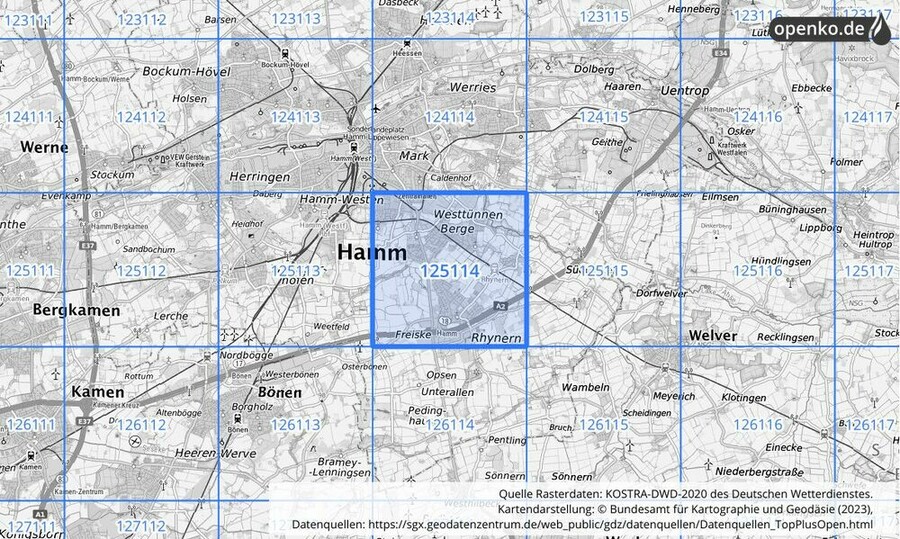 Übersichtskarte des KOSTRA-DWD-2020-Rasterfeldes Nr. 125114