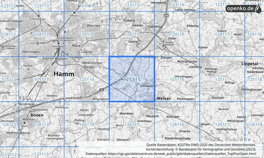 Übersichtskarte des KOSTRA-DWD-2020-Rasterfeldes Nr. 125115