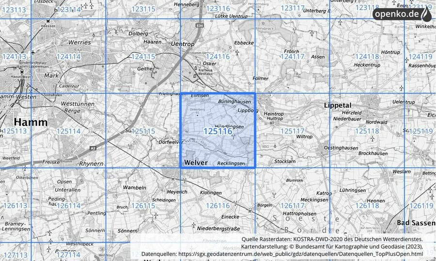 Übersichtskarte des KOSTRA-DWD-2020-Rasterfeldes Nr. 125116