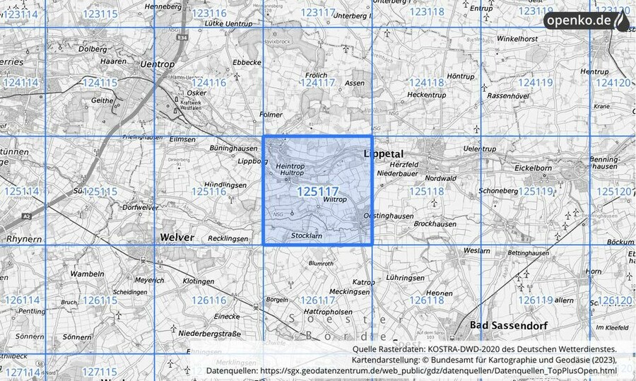 Übersichtskarte des KOSTRA-DWD-2020-Rasterfeldes Nr. 125117