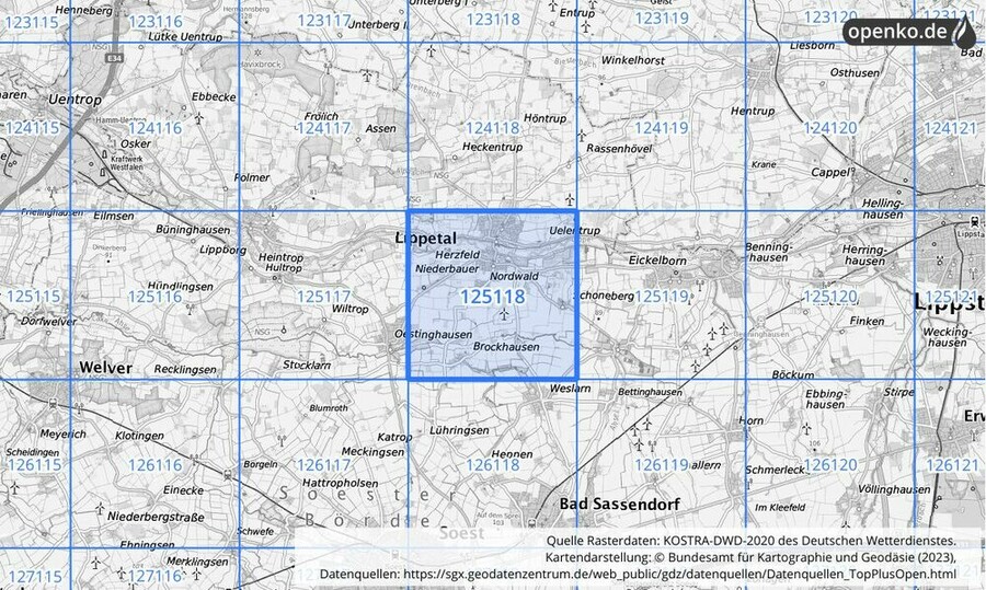 Übersichtskarte des KOSTRA-DWD-2020-Rasterfeldes Nr. 125118