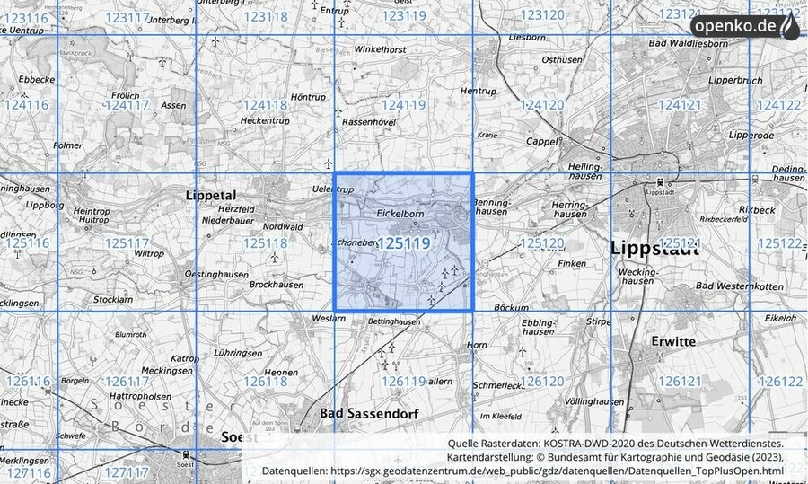 Übersichtskarte des KOSTRA-DWD-2020-Rasterfeldes Nr. 125119