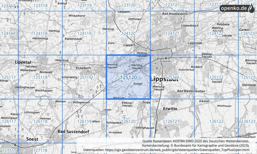 Übersichtskarte des KOSTRA-DWD-2020-Rasterfeldes Nr. 125120