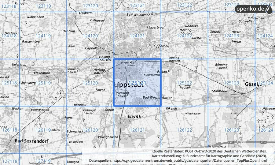 Übersichtskarte des KOSTRA-DWD-2020-Rasterfeldes Nr. 125121