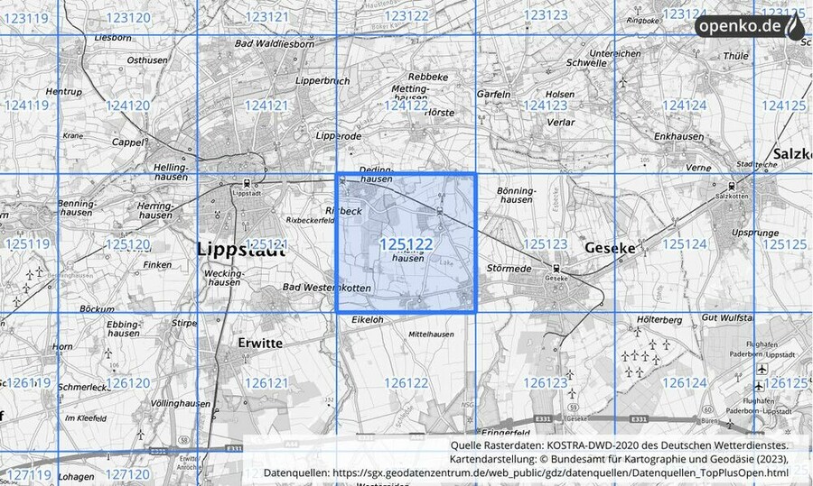 Übersichtskarte des KOSTRA-DWD-2020-Rasterfeldes Nr. 125122