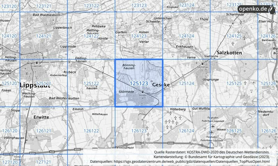 Übersichtskarte des KOSTRA-DWD-2020-Rasterfeldes Nr. 125123