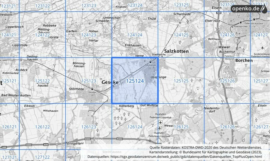 Übersichtskarte des KOSTRA-DWD-2020-Rasterfeldes Nr. 125124