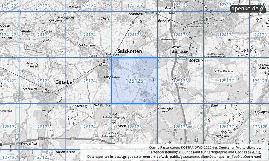 Übersichtskarte des KOSTRA-DWD-2020-Rasterfeldes Nr. 125125