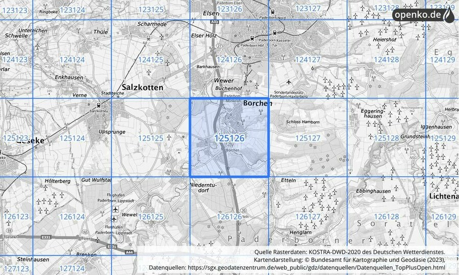 Übersichtskarte des KOSTRA-DWD-2020-Rasterfeldes Nr. 125126