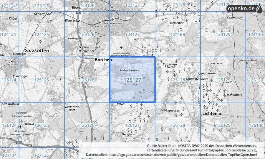 Übersichtskarte des KOSTRA-DWD-2020-Rasterfeldes Nr. 125127