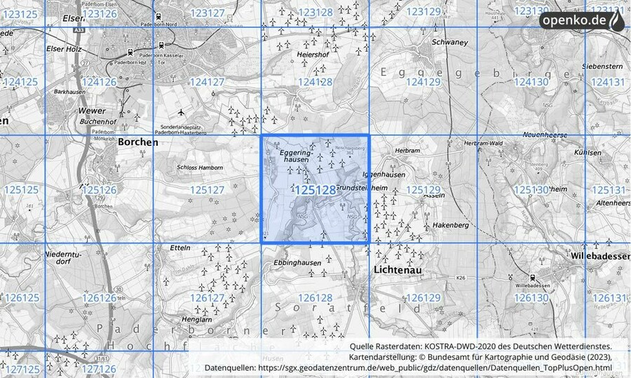 Übersichtskarte des KOSTRA-DWD-2020-Rasterfeldes Nr. 125128