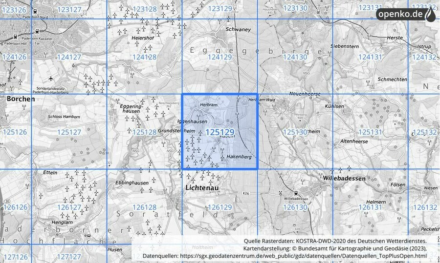 Übersichtskarte des KOSTRA-DWD-2020-Rasterfeldes Nr. 125129