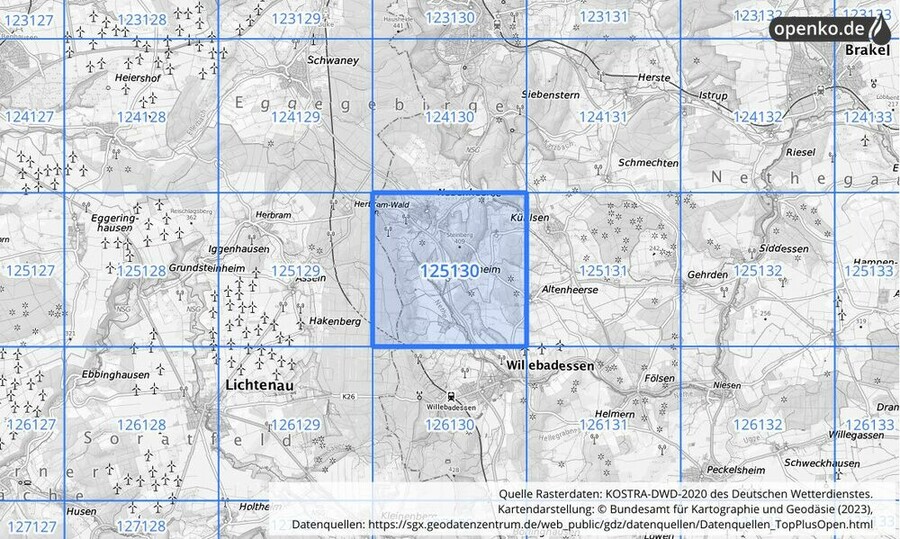 Übersichtskarte des KOSTRA-DWD-2020-Rasterfeldes Nr. 125130