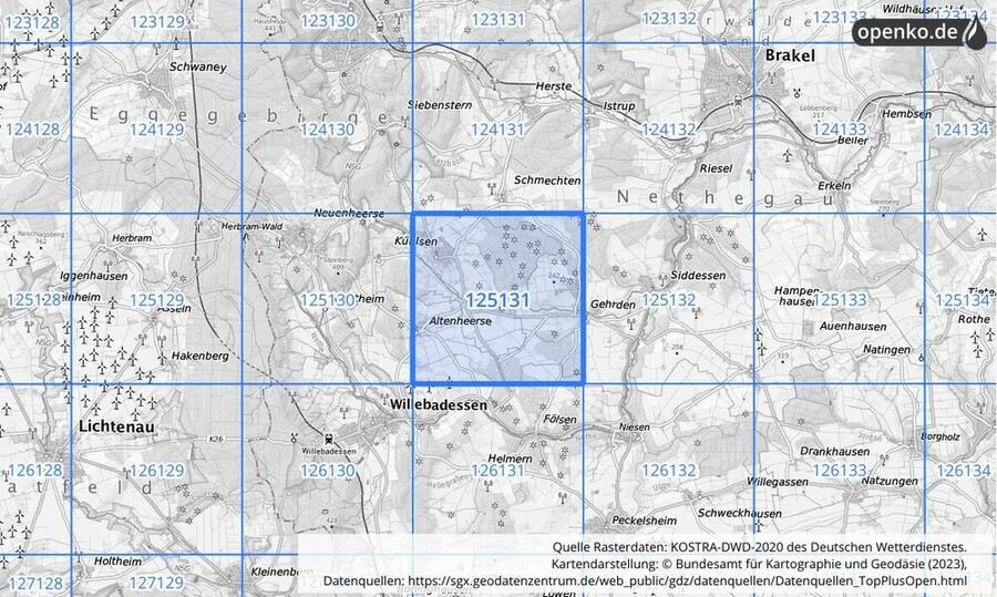 Übersichtskarte des KOSTRA-DWD-2020-Rasterfeldes Nr. 125131