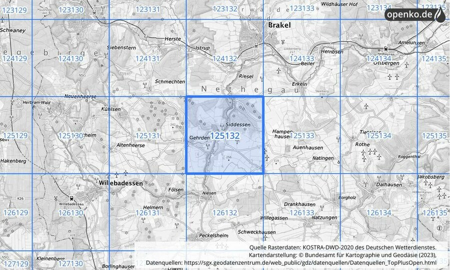 Übersichtskarte des KOSTRA-DWD-2020-Rasterfeldes Nr. 125132