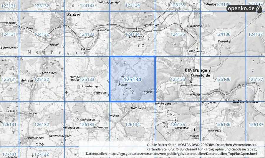 Übersichtskarte des KOSTRA-DWD-2020-Rasterfeldes Nr. 125134