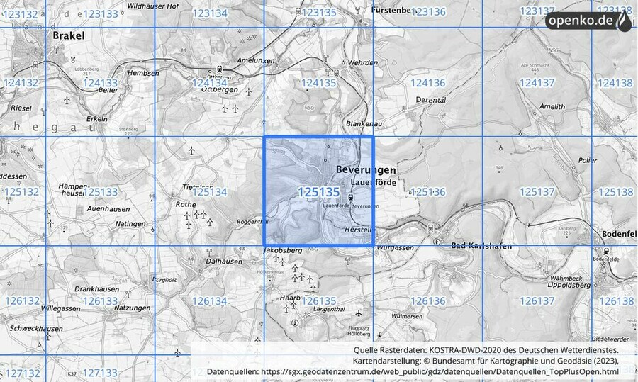 Übersichtskarte des KOSTRA-DWD-2020-Rasterfeldes Nr. 125135