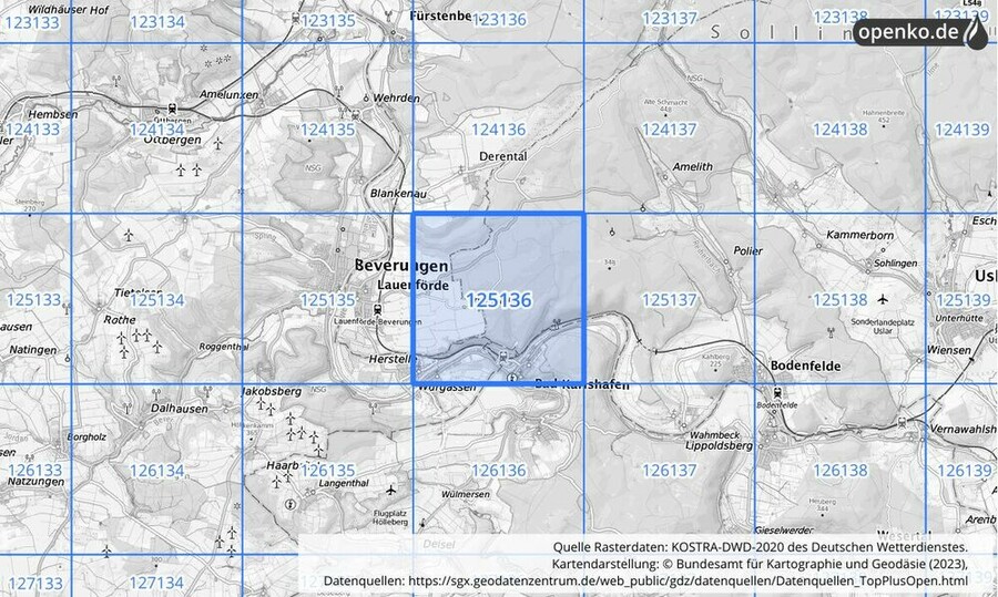 Übersichtskarte des KOSTRA-DWD-2020-Rasterfeldes Nr. 125136