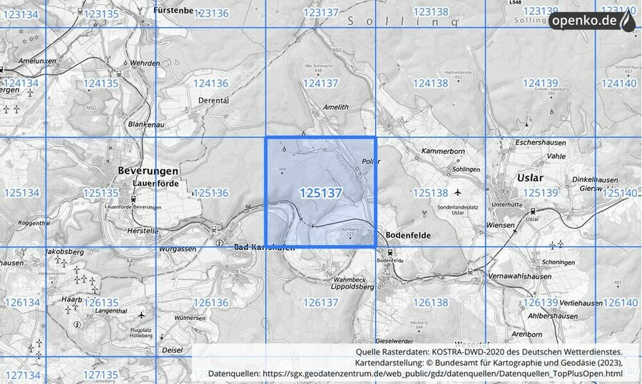 Übersichtskarte des KOSTRA-DWD-2020-Rasterfeldes Nr. 125137